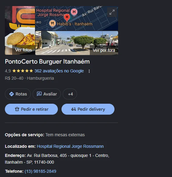 Perfil da PontoCerto Burger no Google mostrando nota 4,9 e 362 avaliações